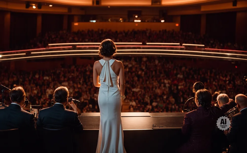 Woman in a white gown on stage facing a large audience in a concert hall.