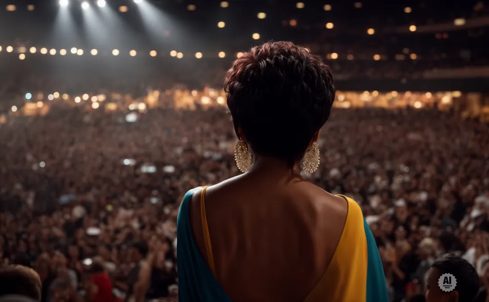 Woman in a yellow and blue dress with large earrings, facing a large, blurred crowd in a concert hall.