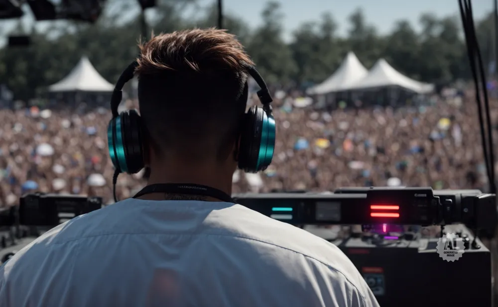 DJ at a festival wearing headphones, facing a large crowd.