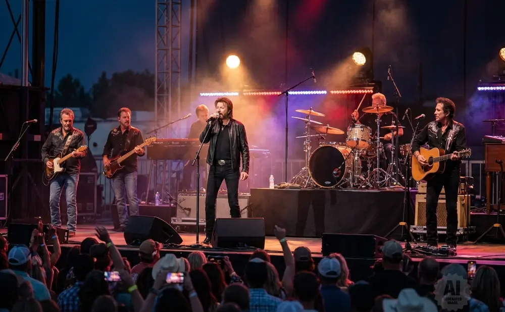 A male country singer performs with his band on stage at night, with the audience in the foreground.