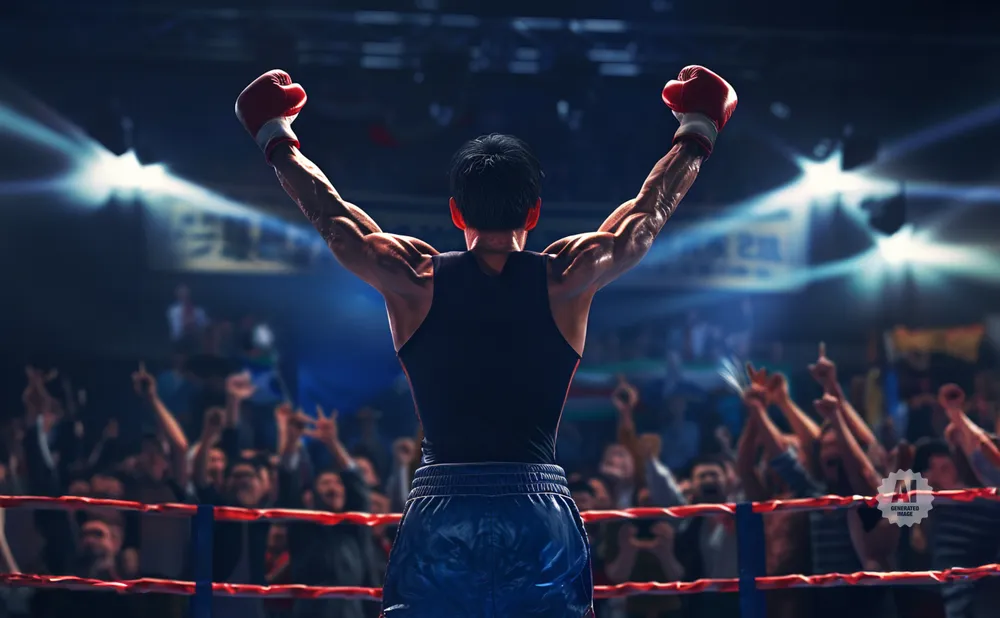 Boxer with arms raised in victory in a boxing ring, with a cheering crowd in the background.