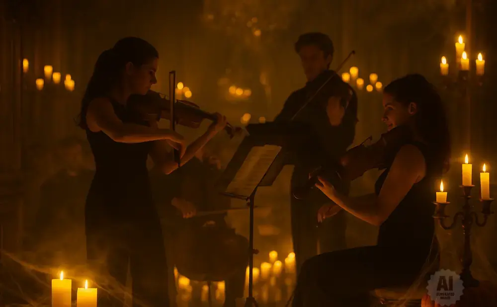 Musicians play violins and a cello by candlelight in a smoky, dimly lit room.