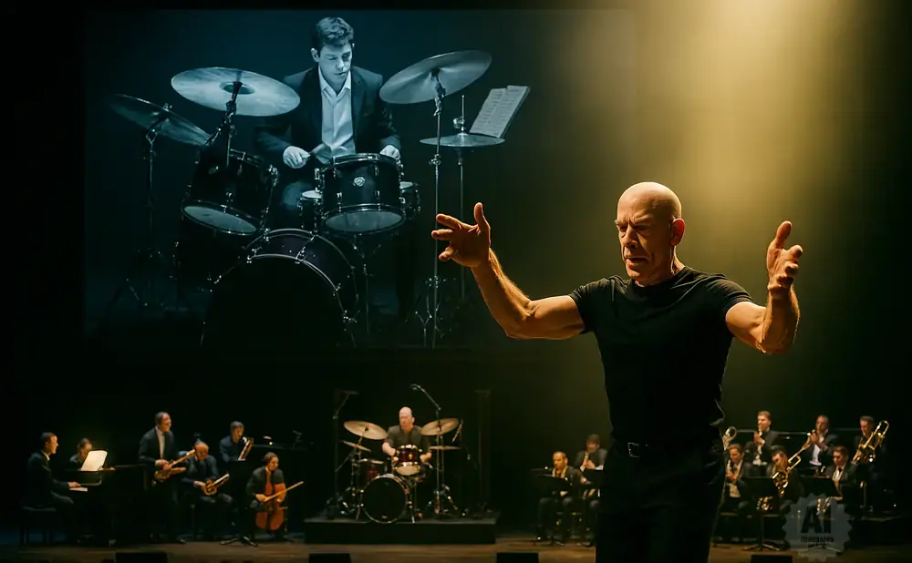 Conductor J.K. Simmons directs a jazz ensemble, with a projection of a drummer behind him.