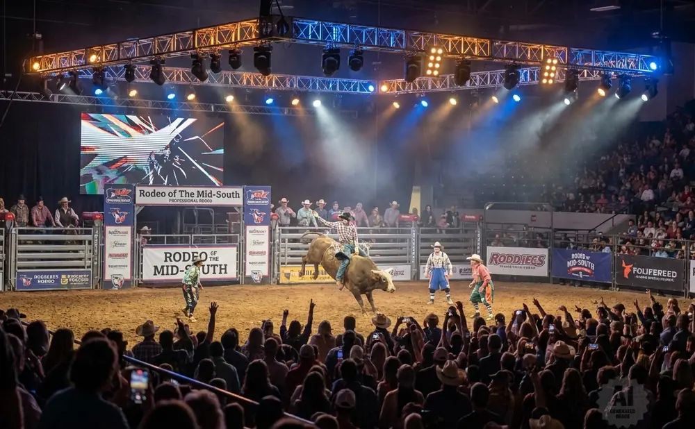 A cowboy rides a bucking bull in a rodeo arena, with a crowd watching and lights shining down.