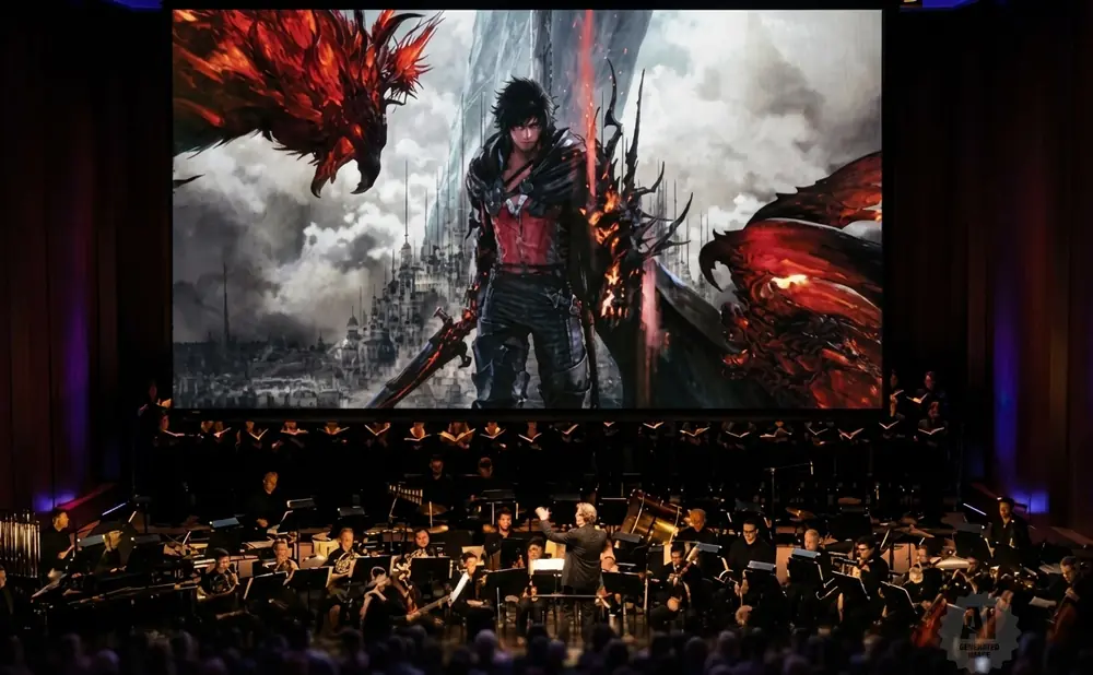 An orchestra performs in front of a large screen showing a video game scene with a dragon and a warrior.