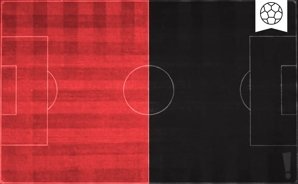A soccer field split vertically by red and black, with a soccer ball icon in the top right corner.