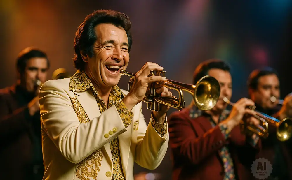 A man in a cream suit with gold trim plays a trumpet, smiling widely, with other musicians playing brass instruments behind him.