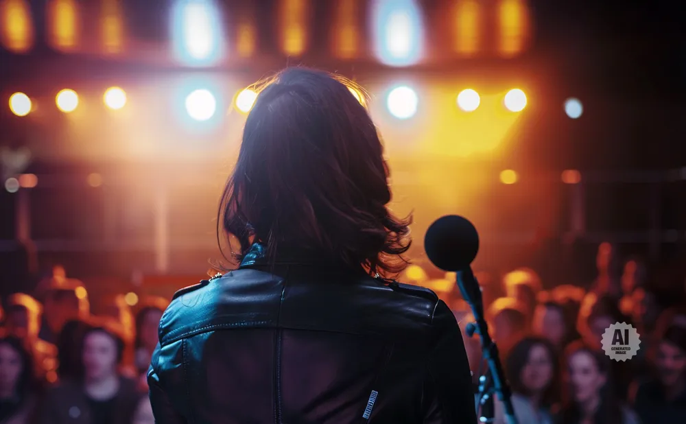 A person in a leather jacket faces away from the camera, singing into a microphone on a stage with bright lights.