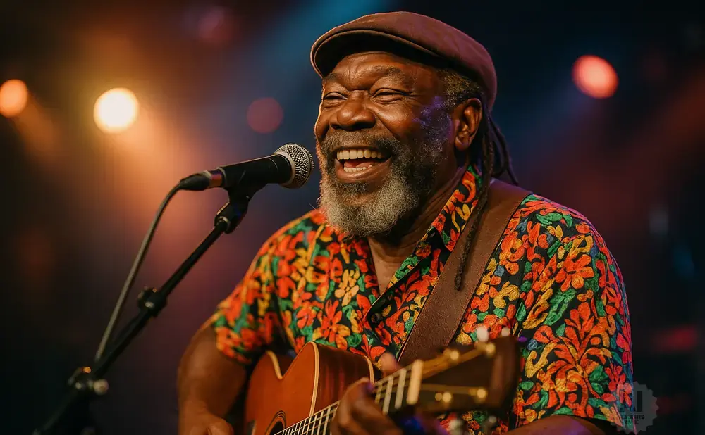 A Black man in a colorful shirt and cap laughs while playing guitar onstage with a microphone.