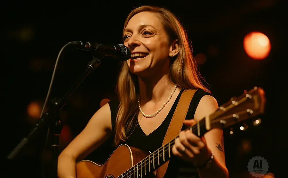 A blonde woman with a pearl necklace plays an acoustic guitar and sings into a microphone on a dimly lit stage.