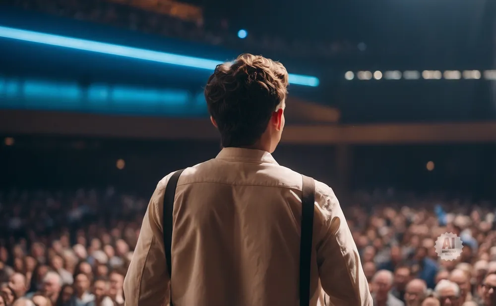 A man in a light brown shirt and suspenders stands facing a large, blurred audience under blue stage lights.