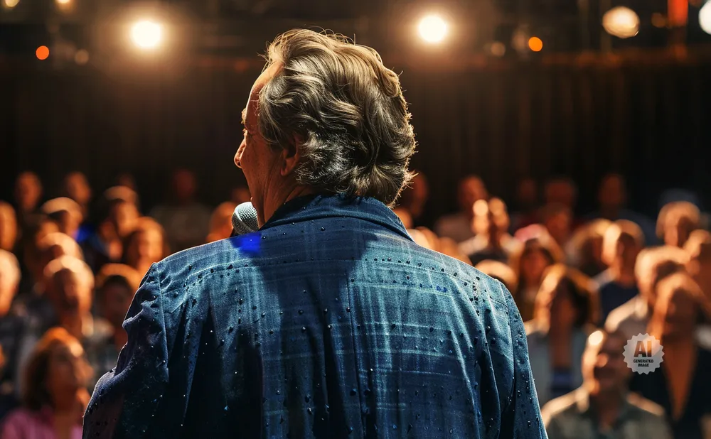 A man with graying hair, wearing a blue sparkly jacket, speaks into a microphone to a blurred audience under stage lights.