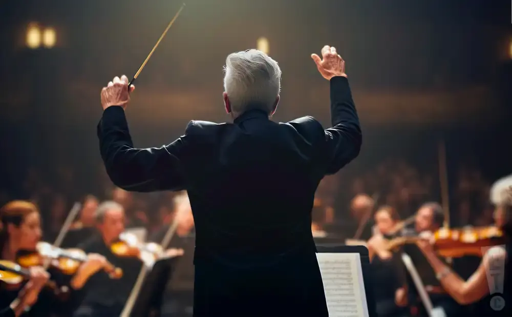 A conductor with gray hair leads an orchestra, holding a baton and gesturing with both hands.