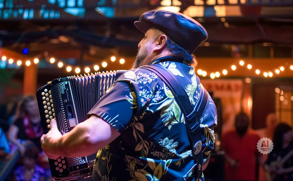Man in a floral shirt and cap plays an accordion at an outdoor concert with string lights.