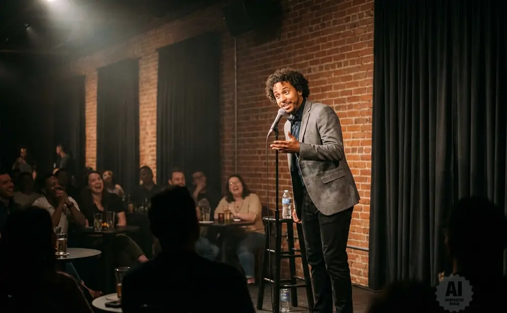 A comedian performs for a laughing audience in a dimly lit brick club.