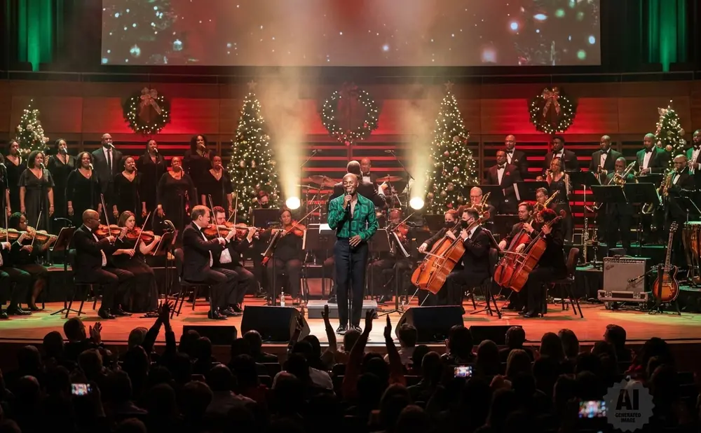 A male singer performs with an orchestra and choir on a stage decorated with Christmas trees and wreaths.