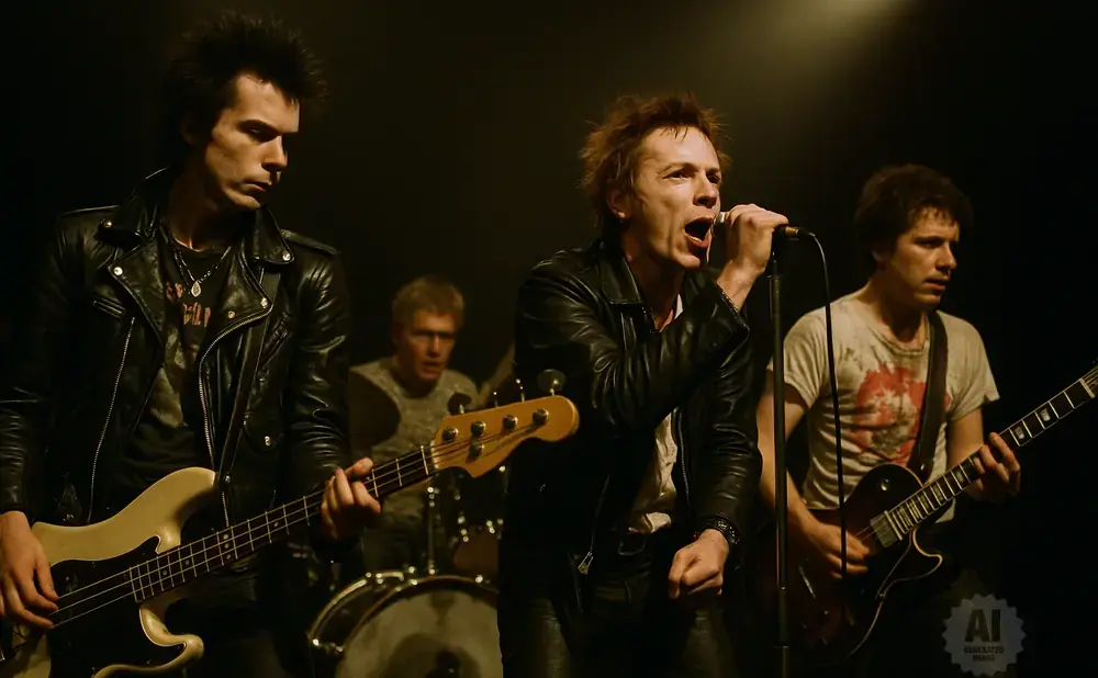 A punk rock band performs on stage, with a lead singer in the foreground and guitarists and a drummer behind him.