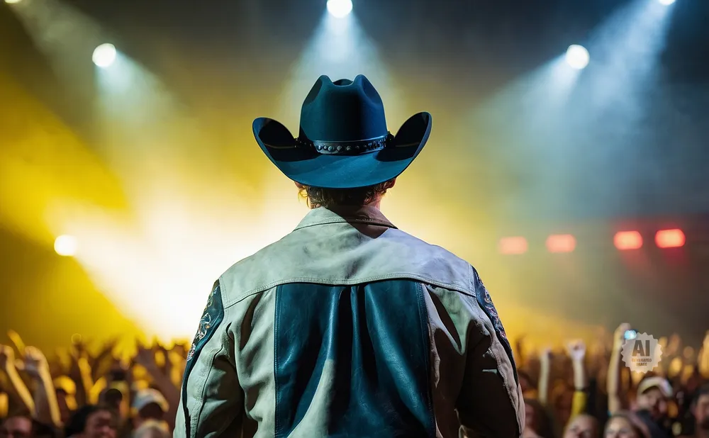 Cowboy hat-wearing performer on stage with bright lights and a cheering crowd.