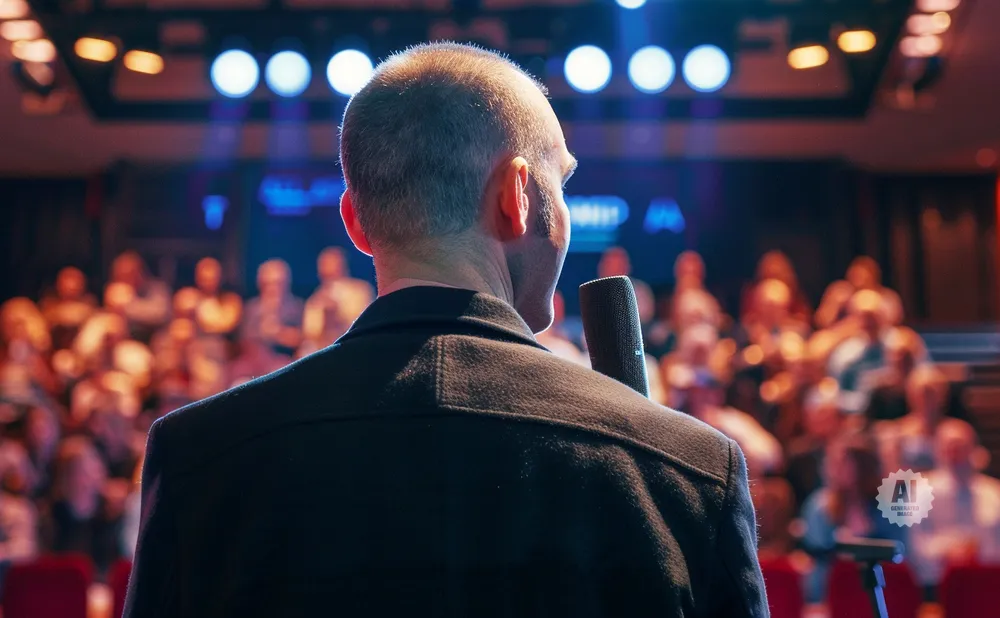 Man speaking into microphone on stage to a blurred audience.