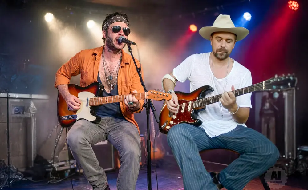 Two men playing guitars on a stage, one singing into a microphone, under colorful stage lights.