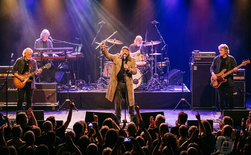 A band performs on stage, with a singer holding a flute and other musicians playing guitar, bass, and keyboards to an audience.