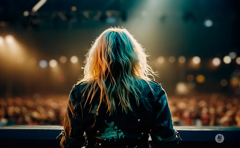 Back view of a blonde person with a leather jacket on stage, facing a blurred audience and stage lights.