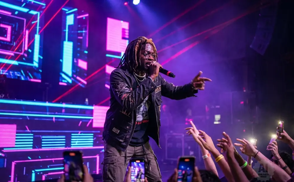 A rapper performs on stage with a crowd holding up phones.