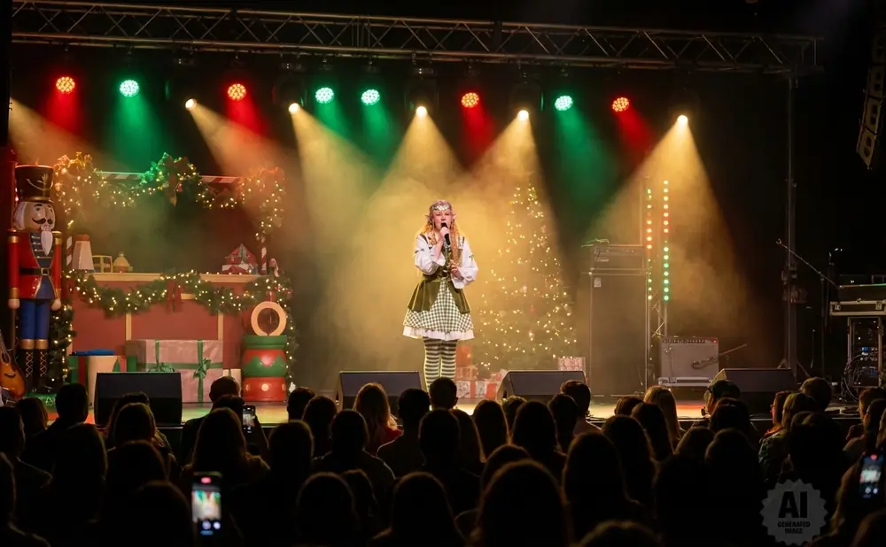 A singer dressed as an elf performs on a stage decorated for Christmas, with a live audience watching.