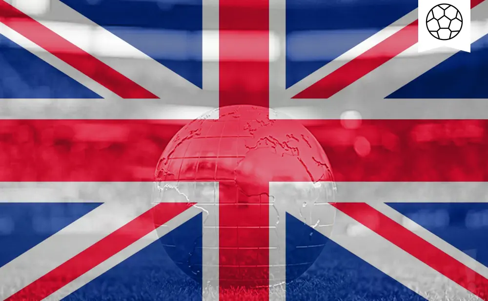 A transparent globe overlaid on a Union Jack flag, with a soccer ball icon in the top right corner.