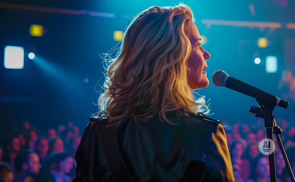Woman singing into a microphone on stage with a blurred audience and stage lights.