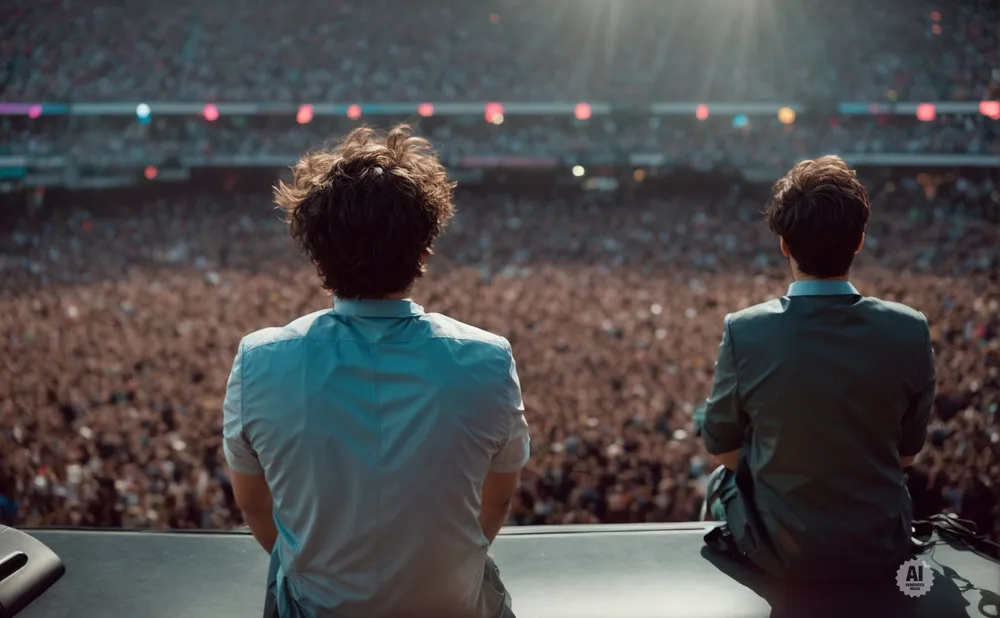 Two musicians on stage face a massive crowd at a stadium concert.