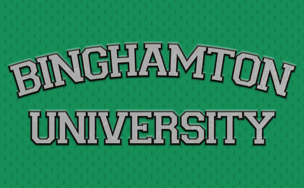 Binghamton University logo on a green textured background.