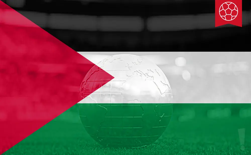 A globe overlayed with the Palestinian flag stands on grass, with a soccer ball icon in the top right.