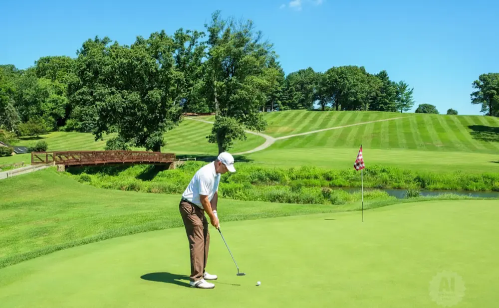 Golfer putting on a green with a flag, bridge, and rolling hills in the background.