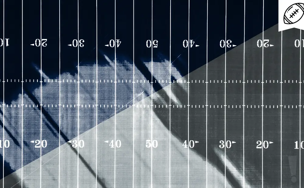 American football field markings with yards numbered from 10 to 50, with a football icon in the top right corner.