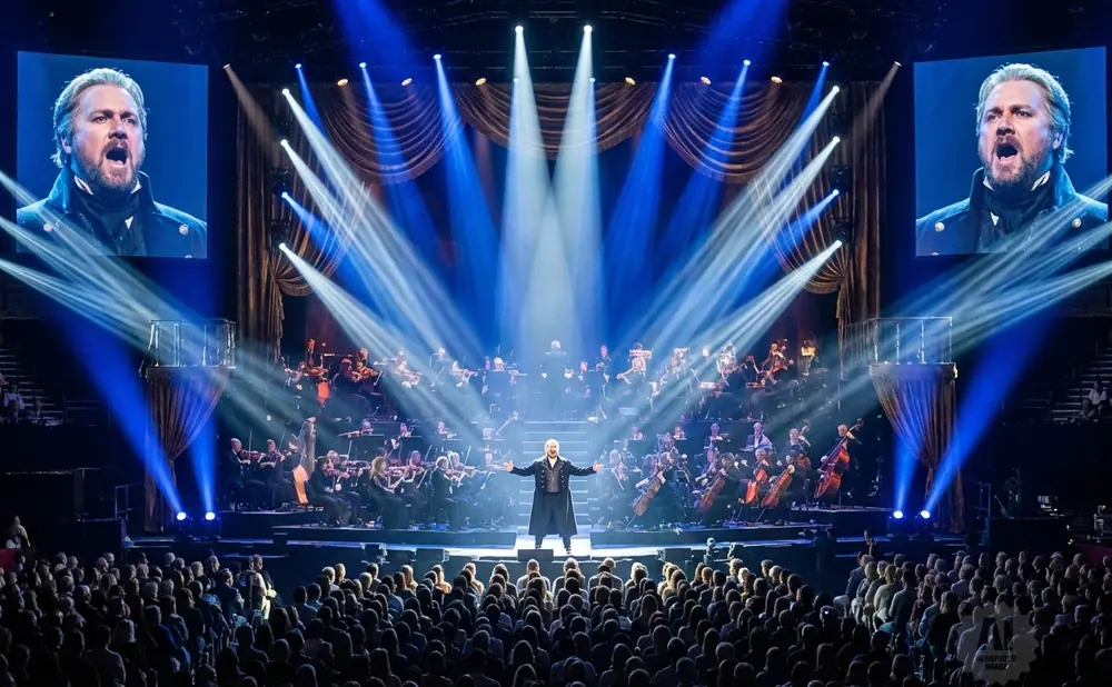A tenor sings on stage with an orchestra behind him, while his face is shown on a large screen.