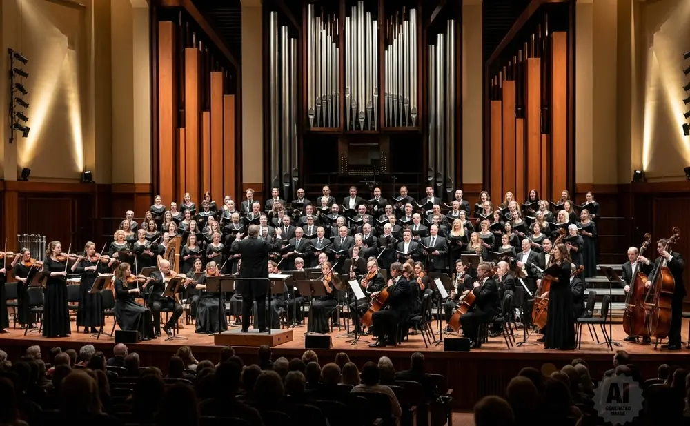 An orchestra and choir perform on a stage in front of a large organ.
