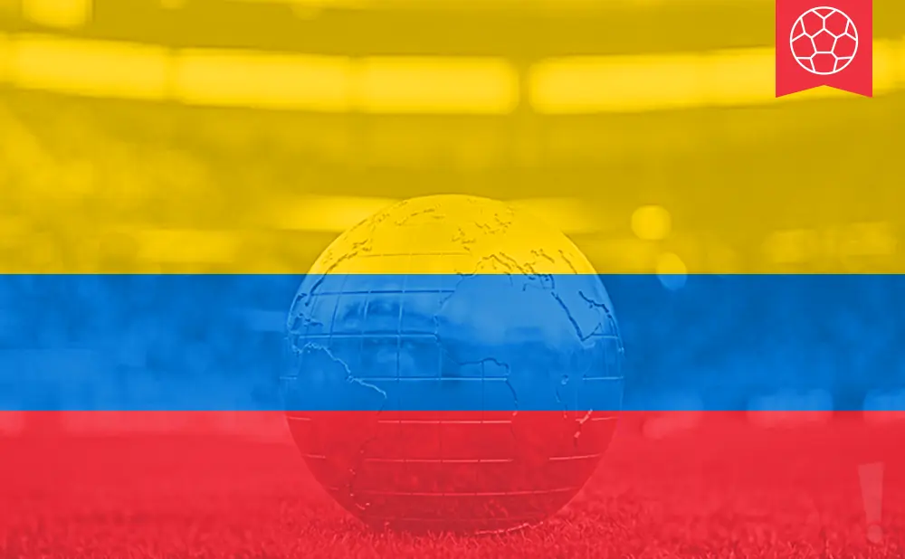 Colombian flag with a globe superimposed, and a soccer ball icon in the upper right corner.