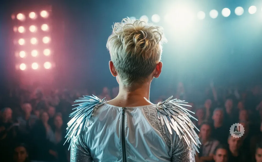 Back of performer with short blonde hair wearing a white outfit with silver shoulder accents, facing a cheering crowd.