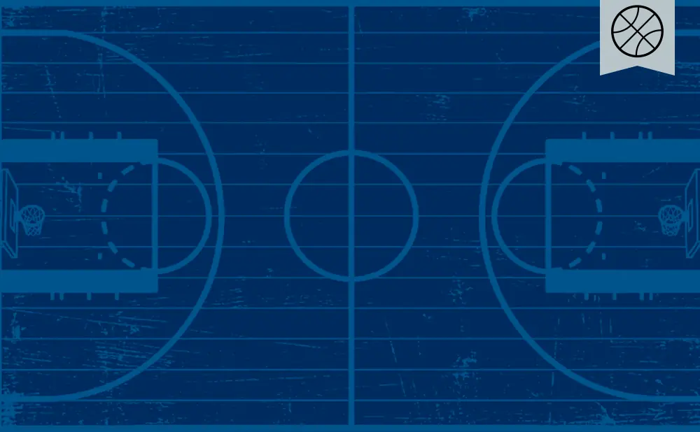 Blueprint of a basketball court with a basketball icon in the upper right corner.