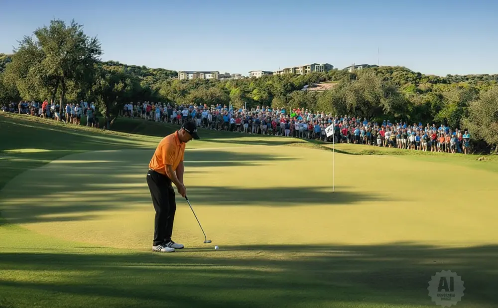 Golfer in orange shirt putts on a green with a large crowd watching from the hillside.