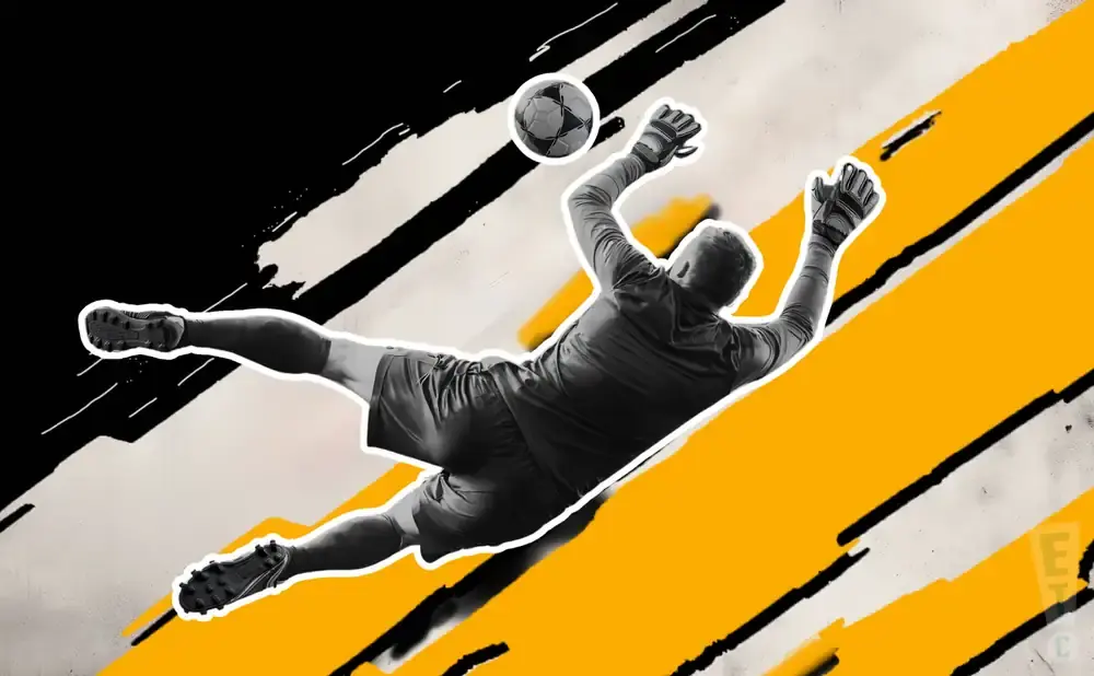 Goalkeeper diving to catch a soccer ball against a black and yellow graphic background.