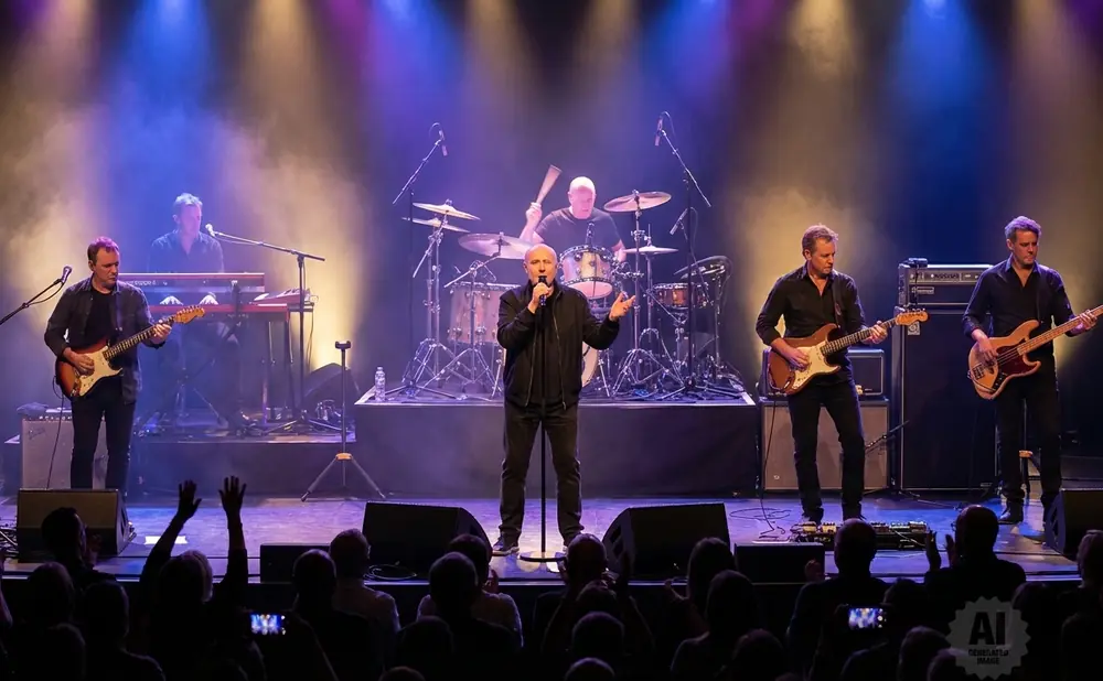 A band performs on stage with a singer in the front, guitarists and a keyboardist behind, and a drummer in the back.