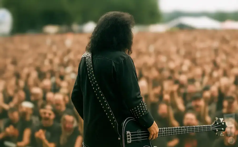 A musician with long, dark curly hair wearing a black studded shirt plays a black bass guitar on a stage in front of a blurred, cheering crowd.