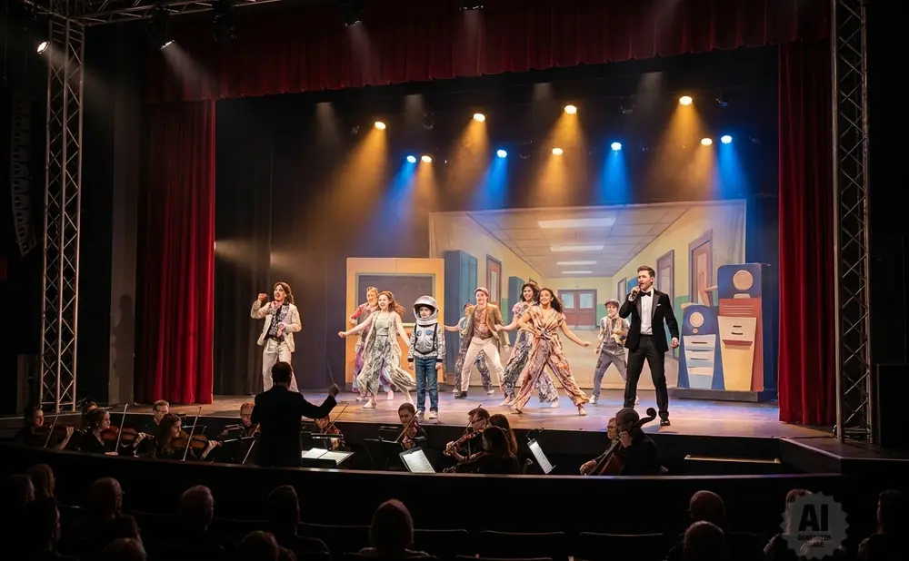 Stage performers in costumes dance and sing on stage with an orchestra in the foreground.
