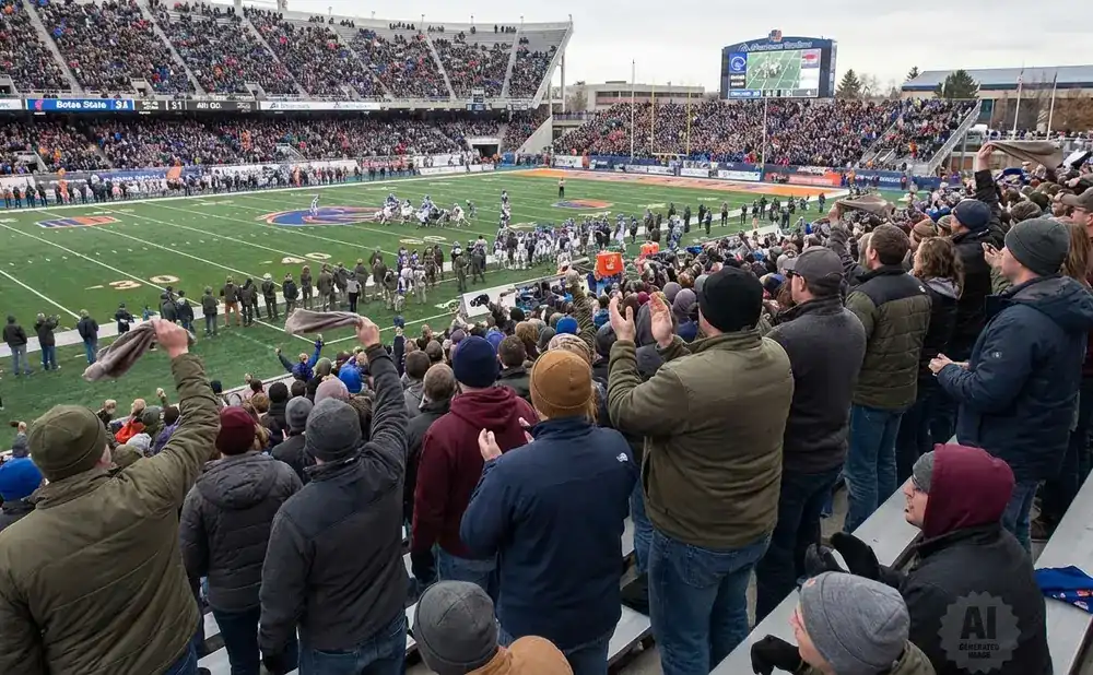 Fans wave towels at a football game, with a packed stadium and scoreboard visible in the background.