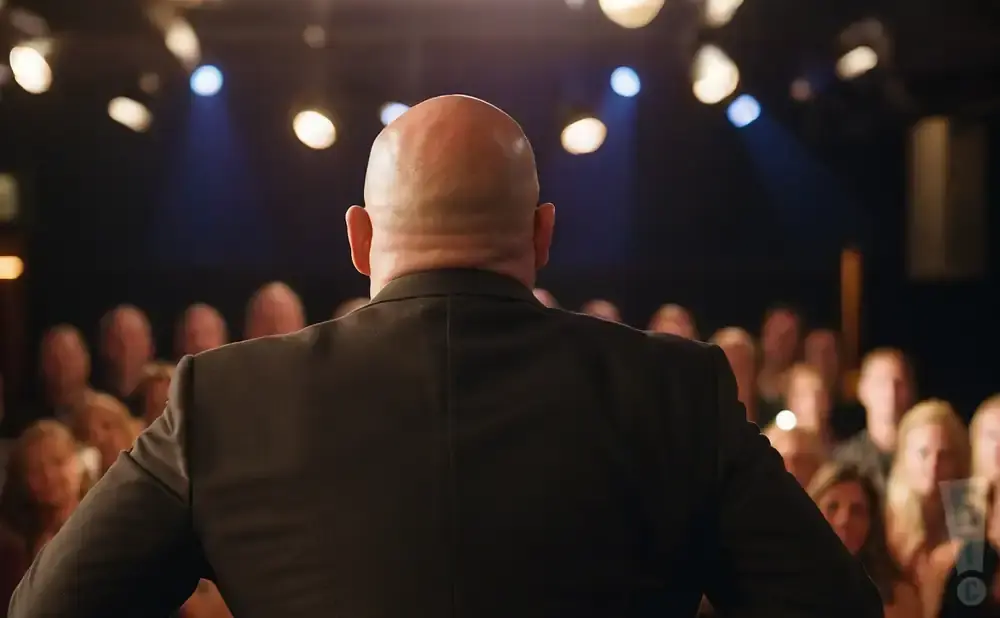 A bald man in a suit faces away from the camera, addressing an unseen audience under stage lights.