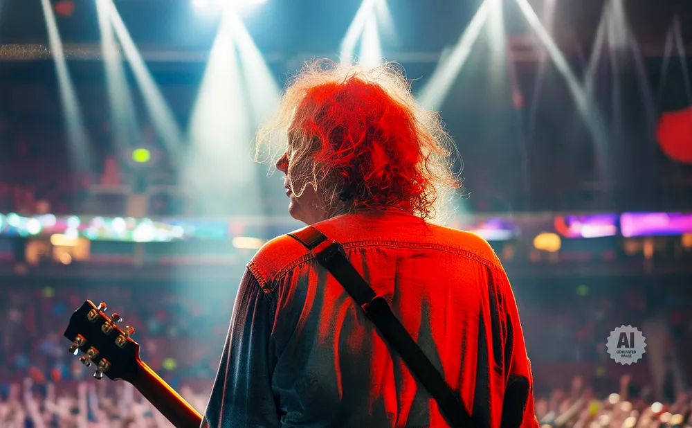 Back of a guitarist with red hair and a denim shirt performing on a stage with bright lights and a crowd.