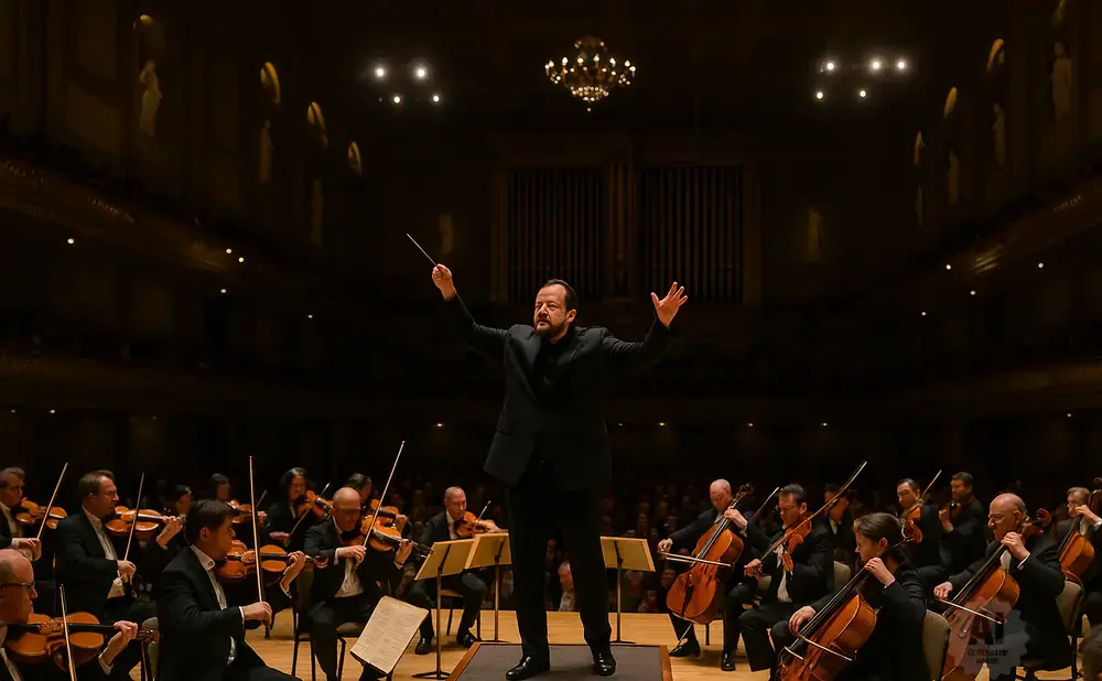 A conductor leads an orchestra with violins and cellos, bathed in warm stage lights.