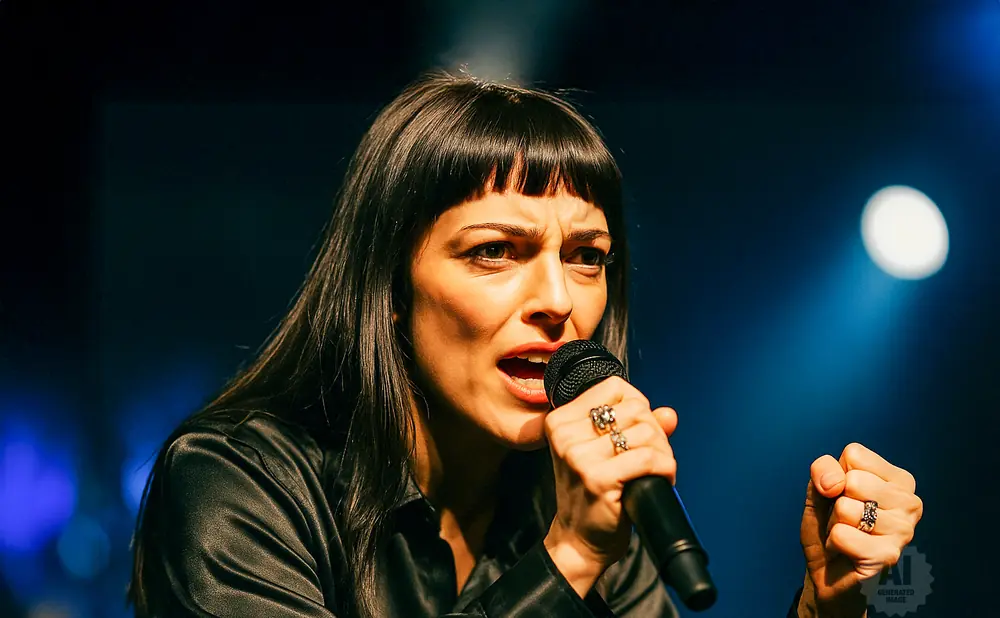 A woman with bangs and long dark hair sings into a microphone, wearing a black shirt and rings on her fingers.